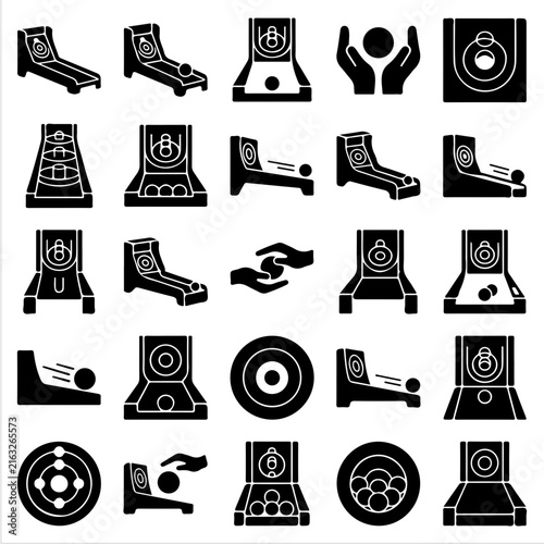 Grid of black silhouette icons depicting skee ball arcade games and targets with entertainment recreation silhouette collection isolated background activity challenge illustration equipment