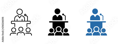 Business Conference Speaker Vector Icon Set Presentation Podium Speech Line Solid Blue Web UI Graphic Element