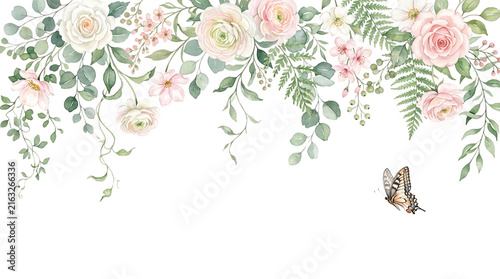 Watercolor pink flower garland with green leaves and butterfly