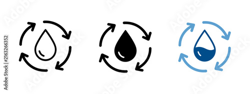 Water Drop Refresh Vector Icon Set Eco Cycle Aqua Liquid Flow Line Solid Blue Web UI Graphic Element