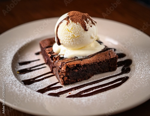 decadent chocolate brownie topped with creamy vanilla ice cream and rich chocolate drizzle