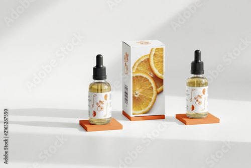 Vitamin c serum dropper bottles arranged alongside citrus fruit box packaging