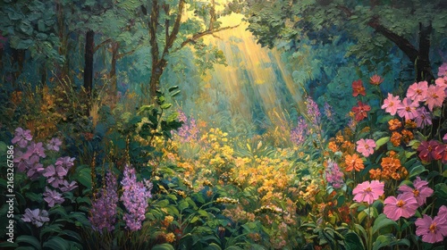 Sunlit Garden Scene with Flowers, A sunlit garden filled with blooming flowers