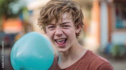 Teenager with mischievous grin holding water balloon, Teenager grinning mischievously while holding a water balloon