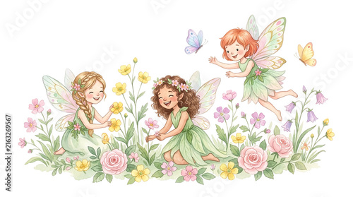 Cute little fairies playing in a beautiful flower garden