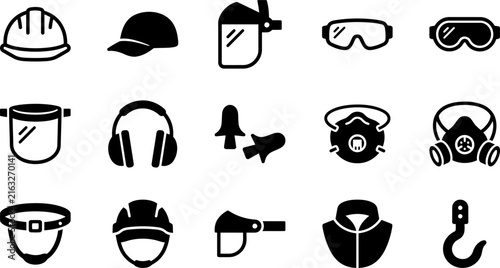 Collection of protective work gear and safety equipment icons in black and white