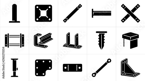 Collection of various metal fasteners and hardware tools in a monochrome style