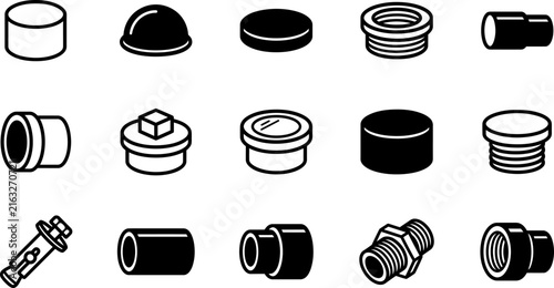 Collection of various metal pipe fittings and plumbing connectors in a line art style