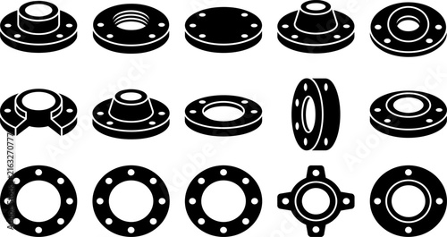 Collection of various industrial pipe flanges in a black and white illustration
