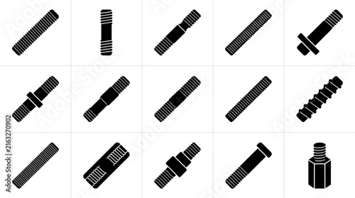 Collection of various black screw and bolt icons on a white background