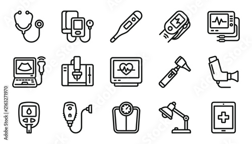 A comprehensive set of medical equipment icons created by a professional vector illustrator for healthcare and clinical diagnostic design projects