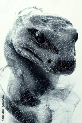 Creative fusion of a gecko and digital art showcasing an intricate mesh of lines and patterns against a minimalist background