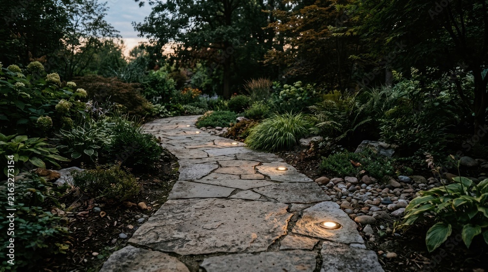 Fototapeta premium Stone pathway with embedded lights in a lush garden. Winding flagstone walkway illuminated at dusk. Landscape design concept