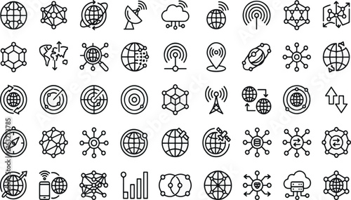 Global Technology Icon Set, Network Symbols, Digital Connectivity, Internet, Wireless, Satellite, Data, Communication and Innovation