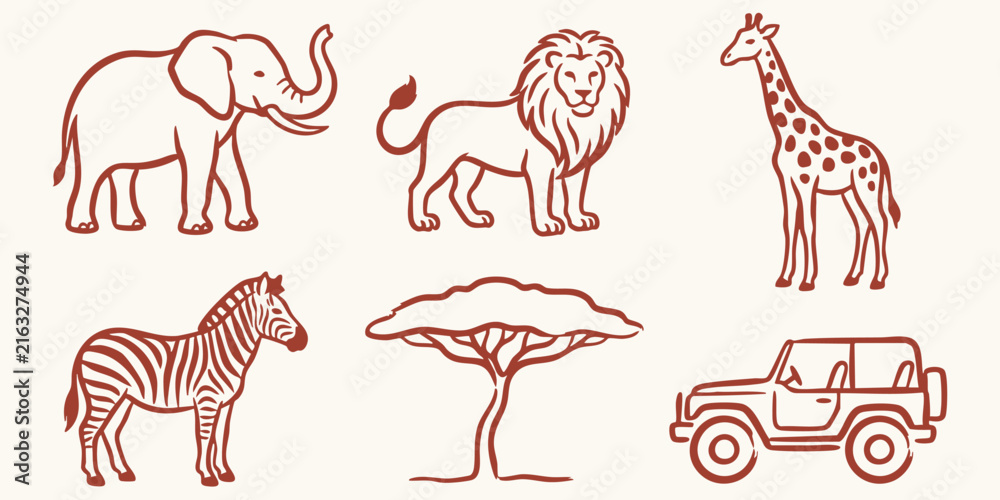 Naklejka premium African safari animals and vehicle depicted in a charming hand made doodle style on a light background