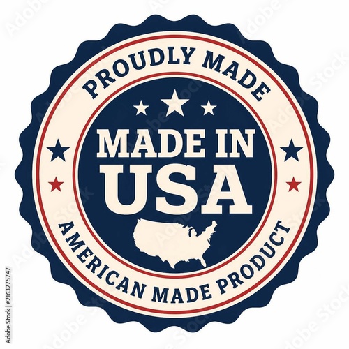 Made in USA circular badge label with American map and stars for product packaging design.
