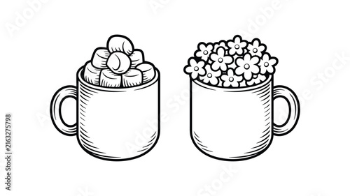 Pair of cozy mugs filled with marshmallows and tiny flowers for seasonal comfort and home decor.