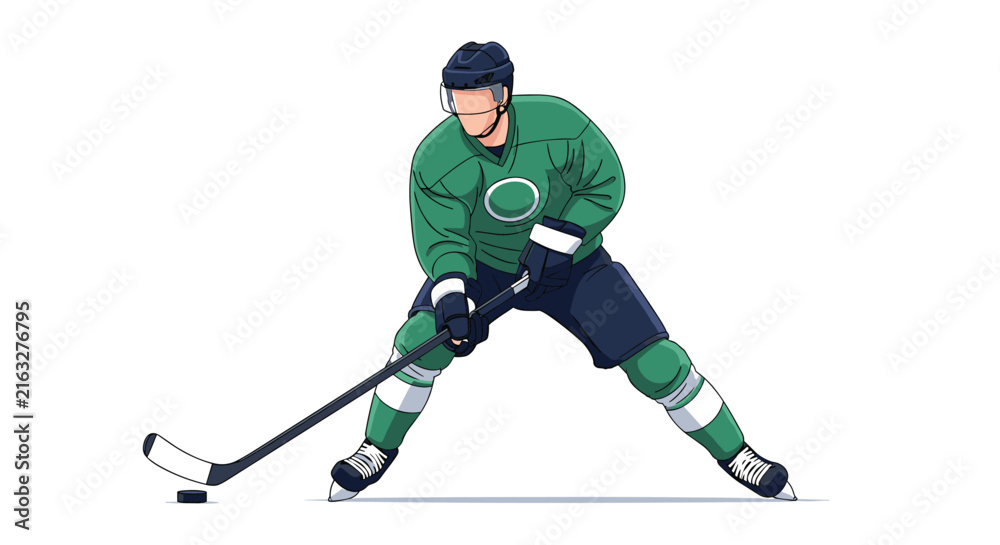 Fototapeta premium Skilled ice hockey player in a green jersey and helmet leaning forward to control the puck with his stick.