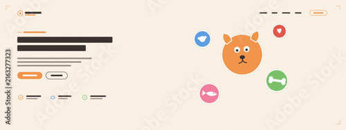Pet care website banner template, veterinary grooming hero header with cute dog sticker, paw bone and fish badges, placeholder text, animal clinic vector landing page design