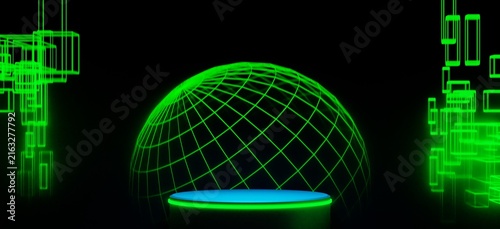 abstract backgound video game of scifi gaming cyberpunk, vr virtual reality simulation and metaverse, scene stand pedestal stage, 3d illustration rendering, futuristic neon glow room