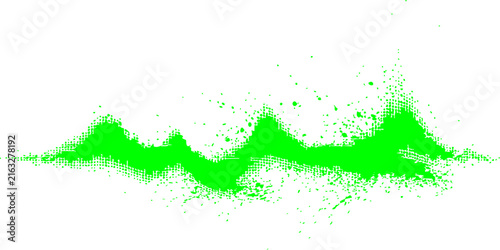 Bright green halftone splatter wave shape on a white background