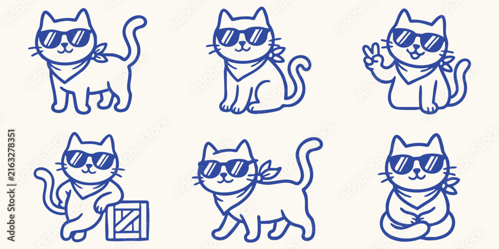 Fototapeta premium Six cool cats wearing sunglasses and bandanas in various poses a simple hand made doodle on a cream background representing fun and style