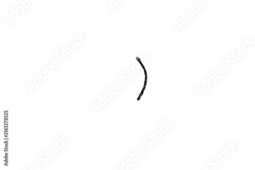 Konstfotografi Single fully burned and bent matchstick isolated on white background