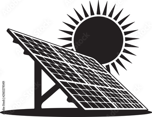 silhouette vector of solar panel and sun on isolated white background