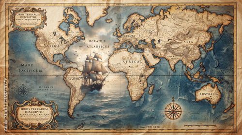 Vintage world map with sailing ship, detailed continents, compass rose, and antique nautical design elements