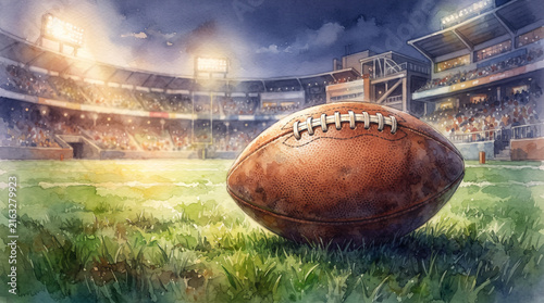 A watercolor illustration of a football on a grassy field under stadium lights at night