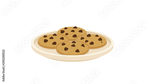 Freshly baked plate of delicious golden brown chocolate chip cookies isolated on plain white background.