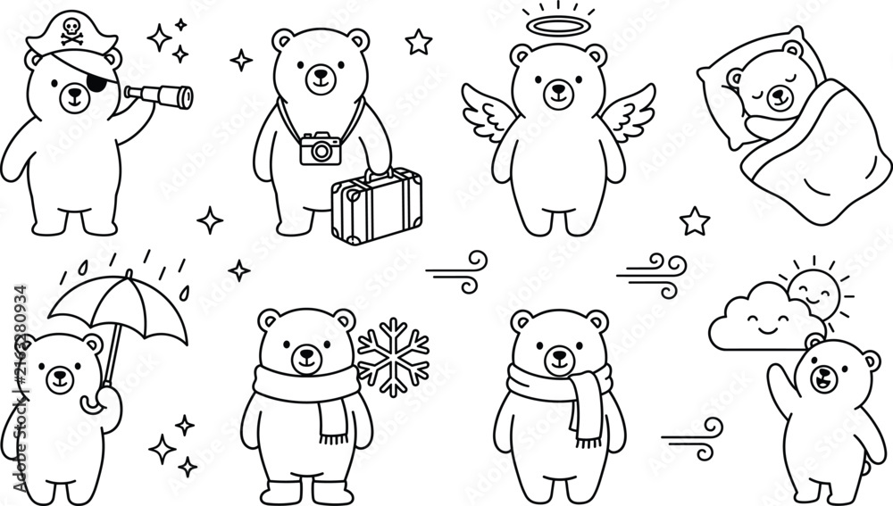 Fototapeta premium Cute Teddy Bear Character Vector Line Art Set with Pirate Traveler Angel Sleeping and Rainy Costumes