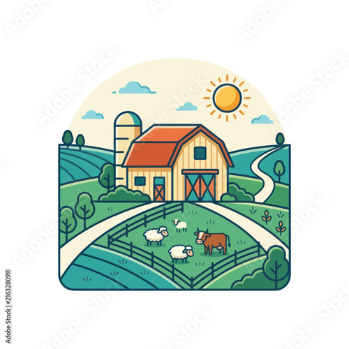 Idyllic Cartoon Farm Scene with Barn, Fields, and Grazing Animals