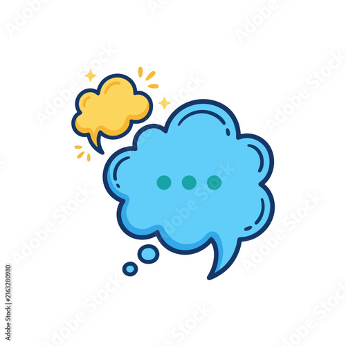 Blue and yellow speech bubbles with dots and sparkles icon.