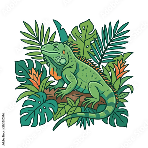 Vibrant Green Iguana on Branch in Tropical Jungle Foliage