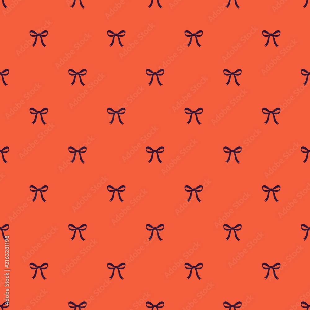 Fototapeta premium Minimal bright red background with dark blue ribbon bow graphic elements. Seamless repeat pattern for festive gift wrapping paper and party invitation card design. Perfect for autumn banner background