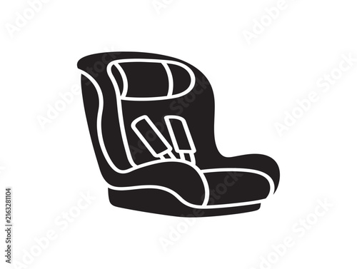 Child car seat icon. Baby safety booster seat silhouette for automotive travel design.