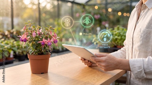 Woman holding a tablet beside a potted fuchsia flower in a greenhouse displaying holographic pollen, bee, and yield estimate icons, representing smart horticulture, pollination monitoring, and precisi