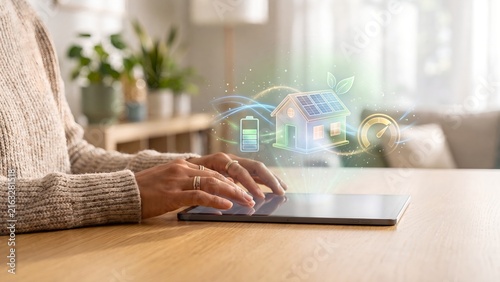 Woman typing on a tablet with a holographic smart home showing solar panels, battery level, leaf icon, and energy gauge, representing renewable energy management, sustainable living, and smart home te