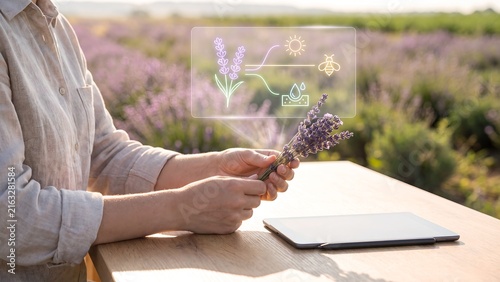 Farmer holding a bunch of fresh lavender in a field beside a tablet displaying holographic plant, sun, bee, and soil moisture monitoring icons, representing smart floral farming, pollination tracking,