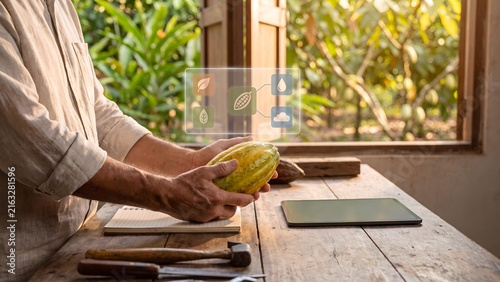 Farmer holding a cacao pod beside a tablet and notebook with holographic leaf, seed, water, and cloud data icons, representing smart cocoa farming, sustainable agriculture, and digital crop management
