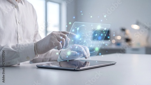 Scientist in gloves interacting with a glowing holographic circuit and molecular diagram above a tablet in a laboratory, representing biotech research, digital science, smart lab technology, and medic