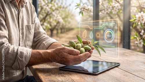 Farmer holding fresh almonds on a branch beside a tablet displaying holographic nut, water, sun, and yield meter icons in a blossoming orchard, representing smart nut farming, precision agriculture, a