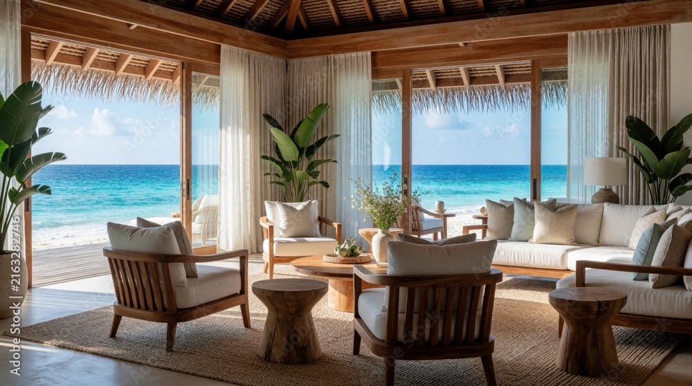 Fototapeta premium Luxury beach villa living room with wooden furniture and ocean view. Open doors lead to sandy shore and clear blue water. Tropical plants create serene atmosphere.