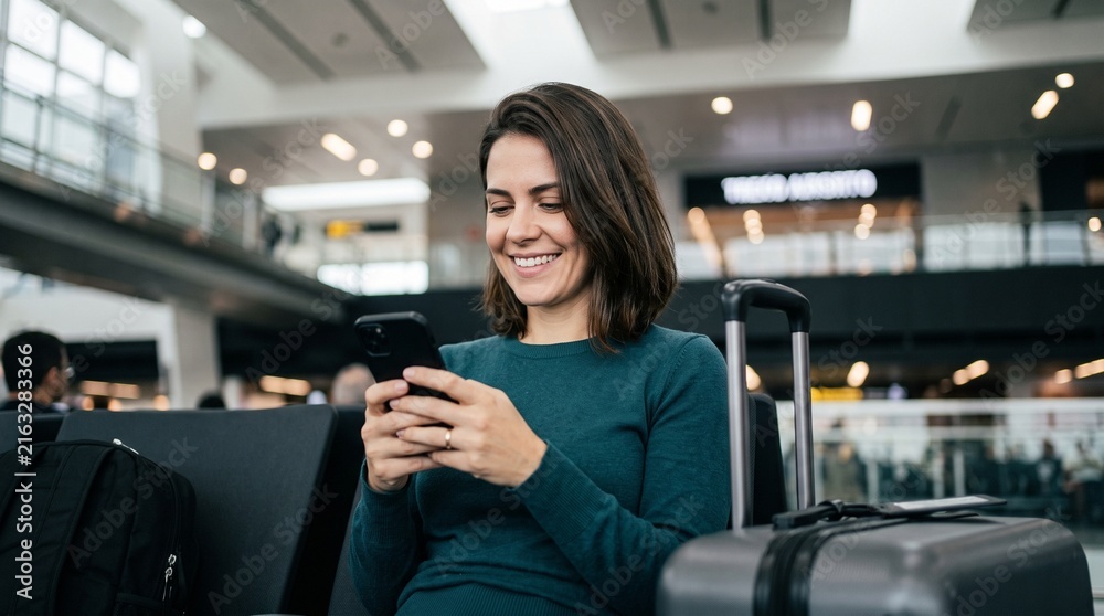 Fototapeta premium Smiling brunette woman sitting with suitcase in airport terminal lounge using online banking mobile application on smartphone, checking financial transfer, travel booking, and digital payments.