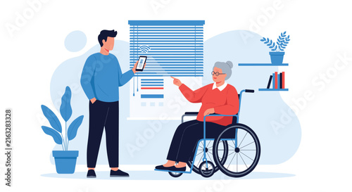 Young male caretaker assists elderly disabled woman in wheelchair by showing smart home mobile application controls.