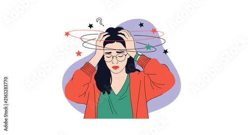 Young professional woman suffering from intense headache and dizzy migraine with colorful stars spinning around her head.
