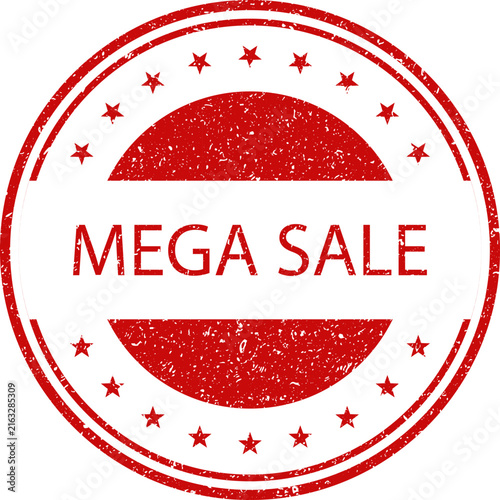 Konstfotografi A rustic red circular rubber stamp with mega sale text and stars for big retail