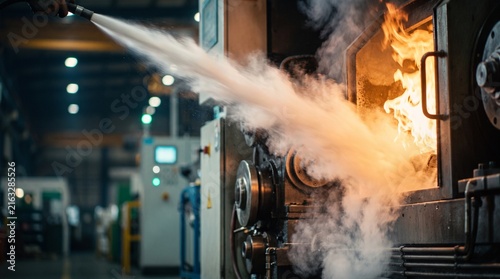 Industrial worker extinguishing fire inside heavy machinery with a water hose. Emergency response, workplace safety, firefighting, and fire prevention concept in a factory.