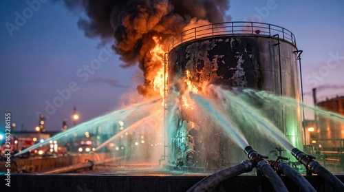 Industrial storage tank engulfed in fire while emergency hoses spray water during nighttime firefighting operation. Fire safety, disaster response and hazardous facility emergency concept.